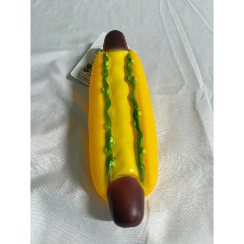 Duke's Pet Products Squeaky Hot Dog Dog Toy Yellow Brown Vinyl DI238 NWT